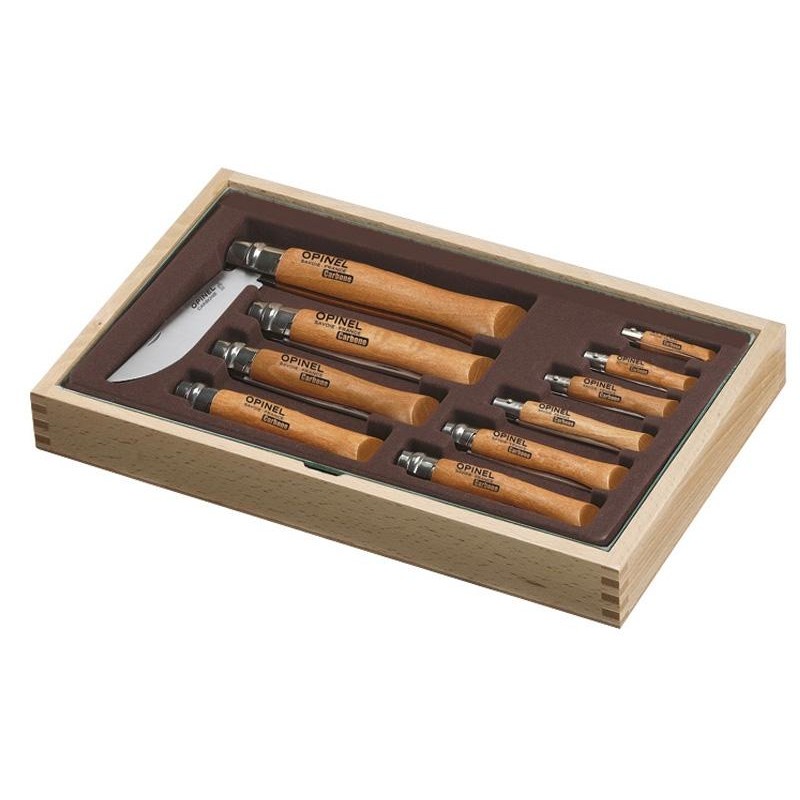 Opinel Coffret collection 10 couteaux lame acier carbone, manche hêtre 945.B