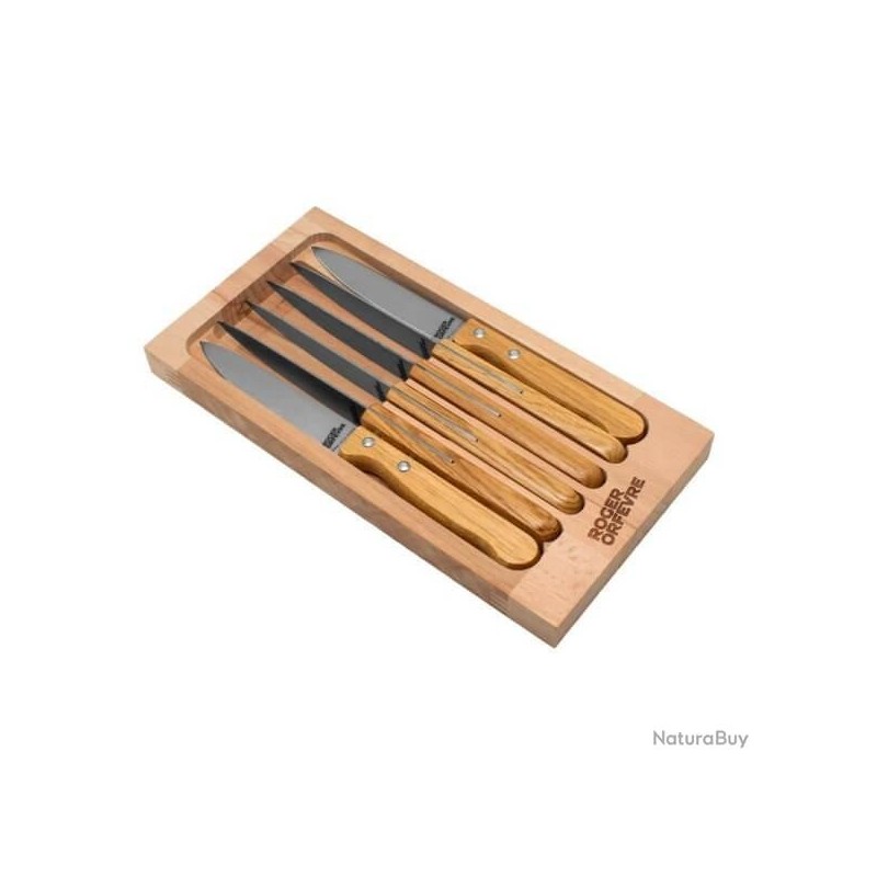 ROGER ORFEVRE Coffret 6 couteaux à steack inox chêne décor lames
