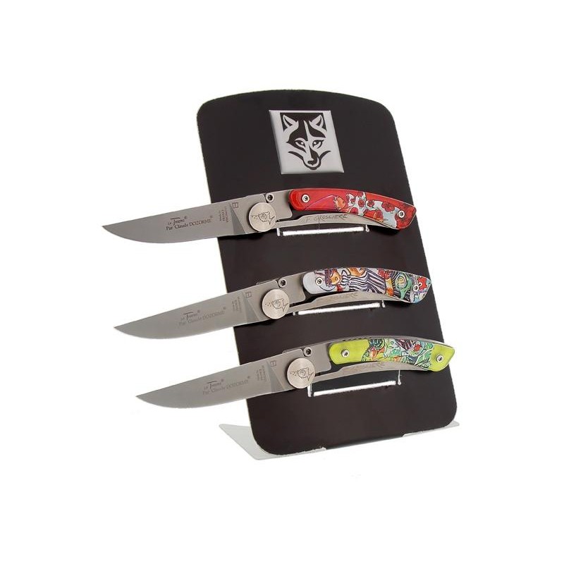 Claude Dozorme Lot 3 couteaux Le Thiers Dozorme Liner lock F.Groslière avec présentoir